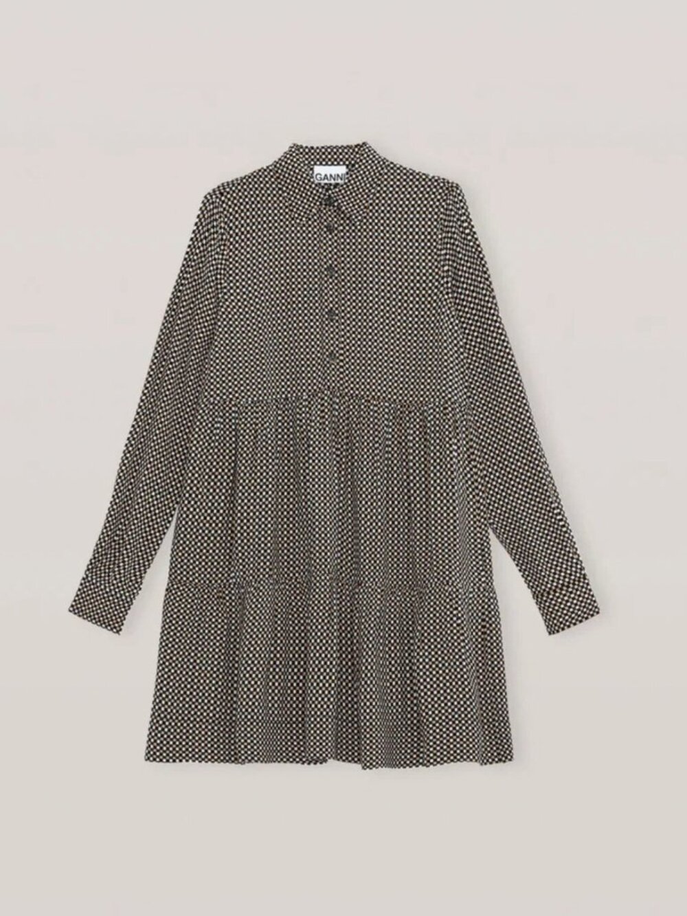 GANNI Printed Crepe Layer Dress Check Henley Collar Long Sleeve Mini Size 36